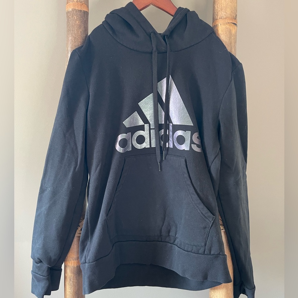 Adidas Black and Silver Logo Hoodie